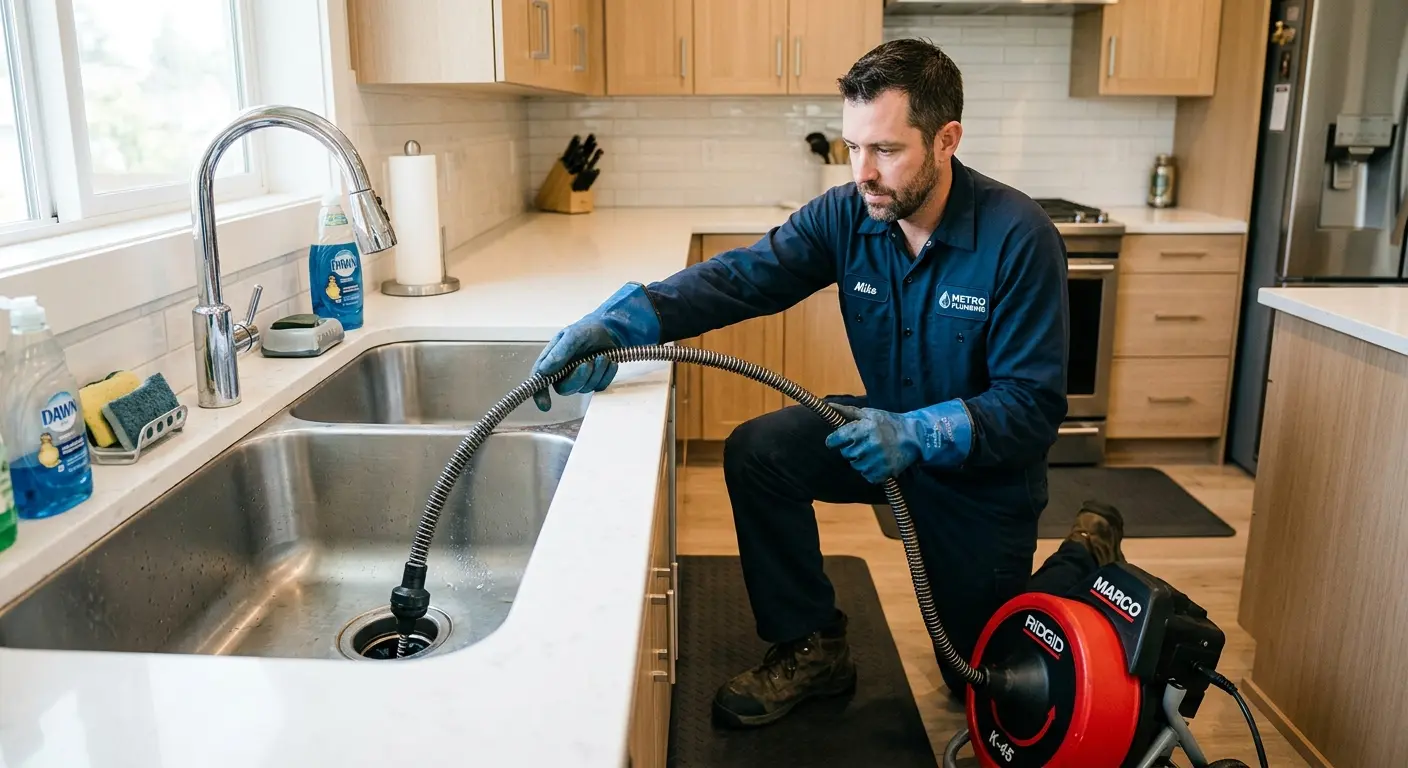 Drain cleaning technician using a motorized snake on a kitchen sink in Vandalia