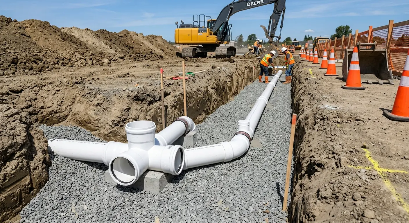 New PVC sewer pipe installation in open trench for Grease Trap Cleaning in Vandalia