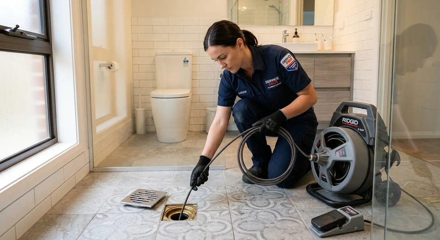 Technician clearing a bathroom floor drain for Sewer Line Installation in Vandalia